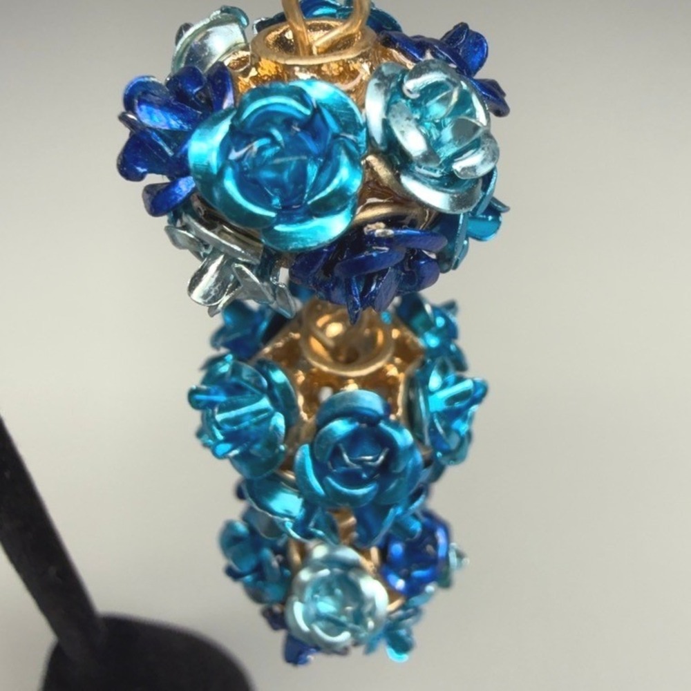 Vintage Drop Earrings Three Tier Blue Floral Cluster Statement Whimsical